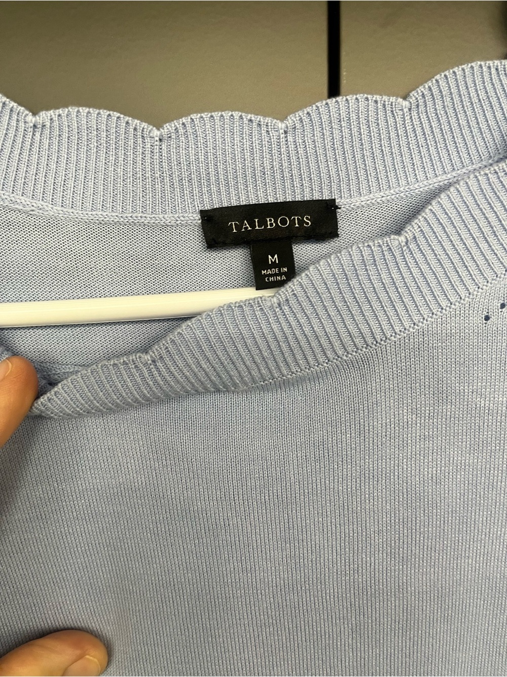 Talbots Pale Blue Sweater with Navy Floral Scalloped Border - Picture 2 of 6